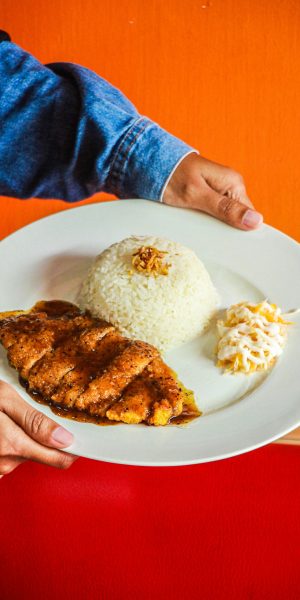 Close-up of a chicken steak meal with rice, presented on a ceramic plate. Ideal for food photography.